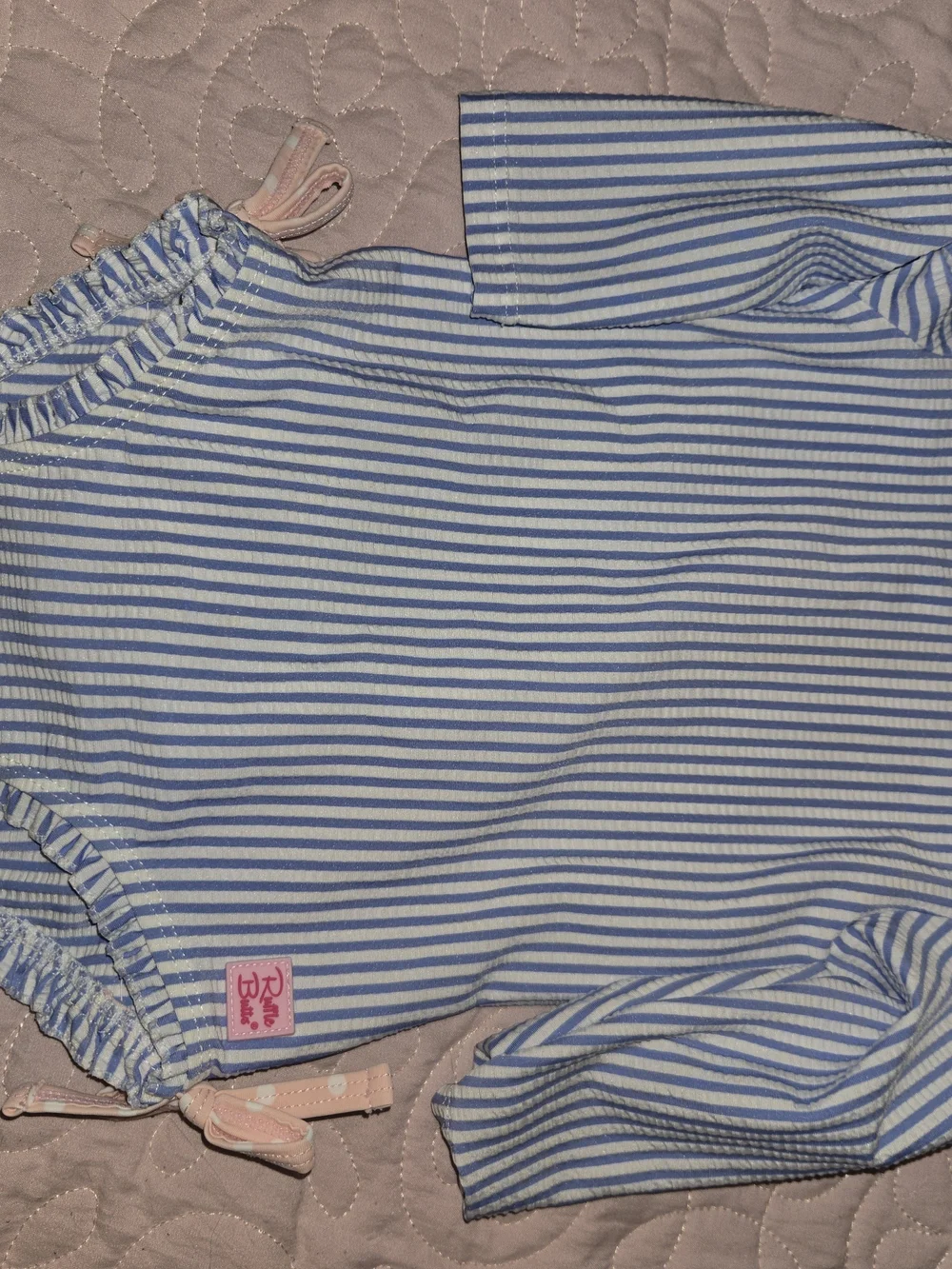 Ruffle Butts Blue and White Striped Girls' Shorts with Pink Tie, 6-12m